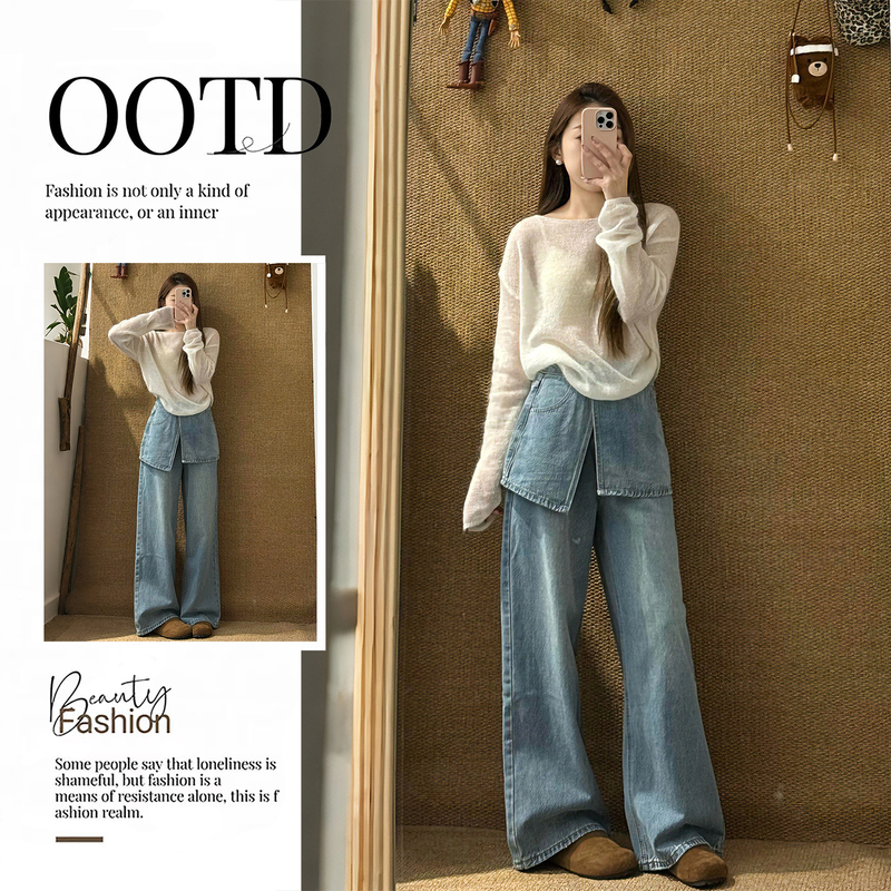 Beautiful Early Summer Outfit, Korean Style, Relaxed and Casual, Thin Blouse Top, Detachable Flap Jeans Two-Piece Set