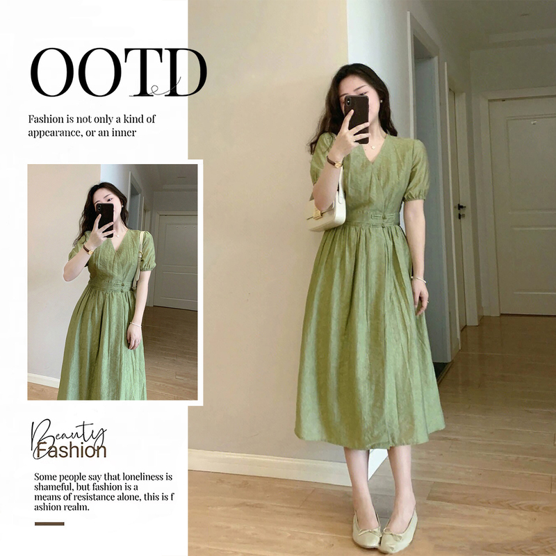 New Chinese-Style Cool and Understated Light Green V-Neck Dress, 2026 Summer New Versatile Waist-Cinching Slimming Elegant Long Dress
