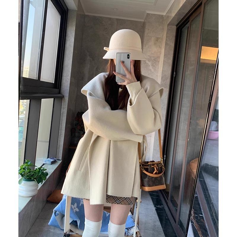 ショートケープ両面カシミヤウールコートレディース2024冬新作韓国風スモールフード付きウールコート
