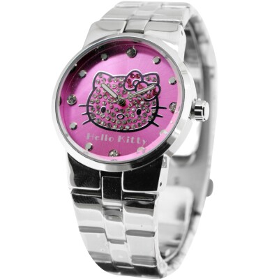 HELLO KITTY Sweetheart Cat Crystal Drill Wrist Watch-Pink Purple X Silver 34mm