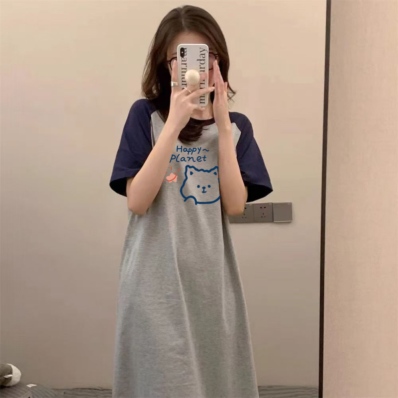 Mid-Length Over-The-Knee Pure Cotton Color-Blocked Short-Sleeved Dress for Women, New Summer Style, Lazy Style, Large Size, Loose Slit T-Shirt Dress