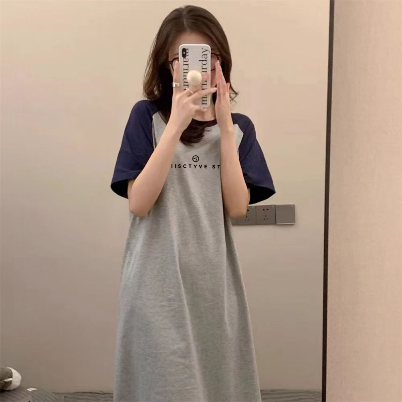 Mid-Length Over-The-Knee Pure Cotton Color-Blocked Short-Sleeved Dress for Women, New Summer Style, Stylish Loose Lettered Slit T-Shirt Dress