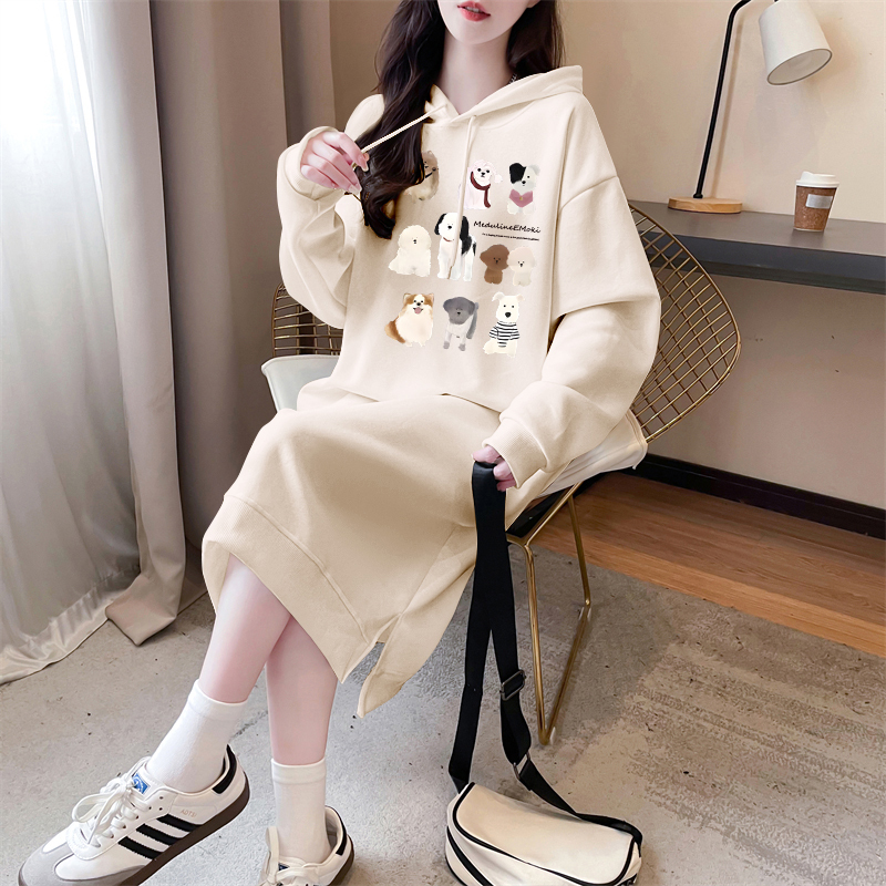 Mid-Length Over-The-Knee Fleece-Lined Thick Hooded Sweatshirt Dress for Women, New Autumn and Winter Loose Cartoon Slit Long-Sleeve Dress