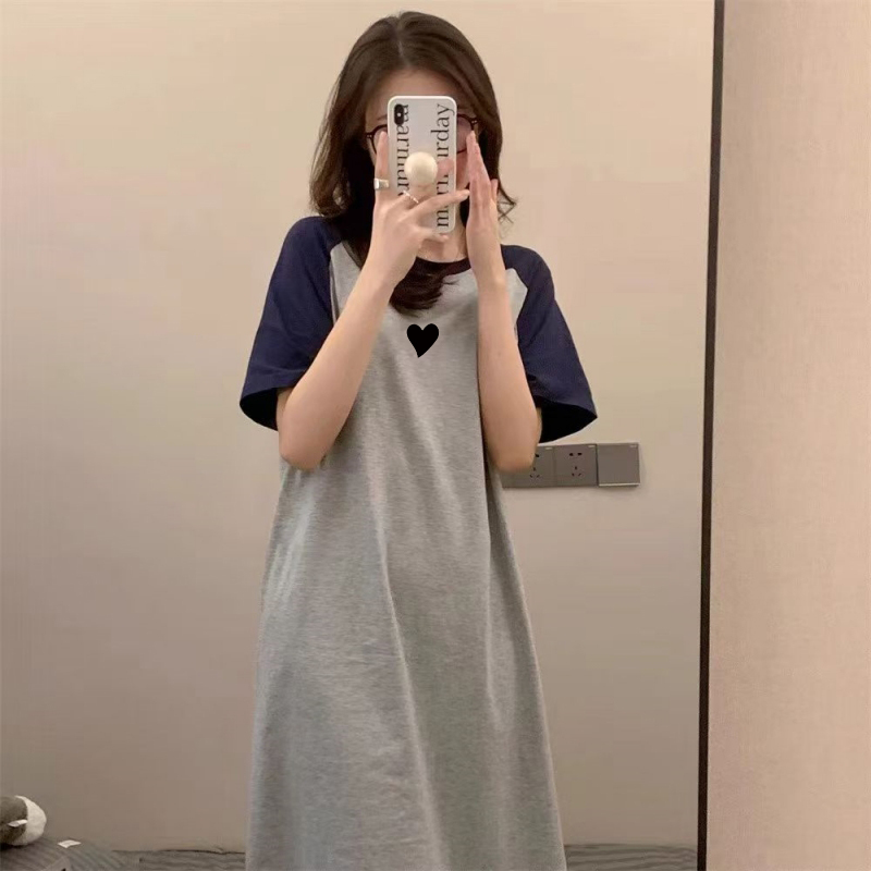 Mid-Length Over-The-Knee Pure Cotton Color-Blocked Short-Sleeved Dress for Women, New Summer Style, Loose-Fitting Printed Heart-Shaped Slit T-Shirt Dress