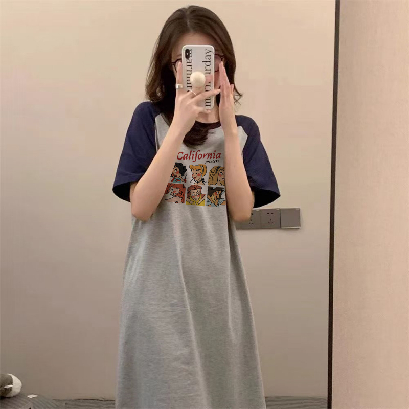 Mid-Length Over-The-Knee Pure Cotton Color-Blocked Short-Sleeved Dress for Women, New Summer Style, Loose Retro Cartoon Slit T-Shirt Dress