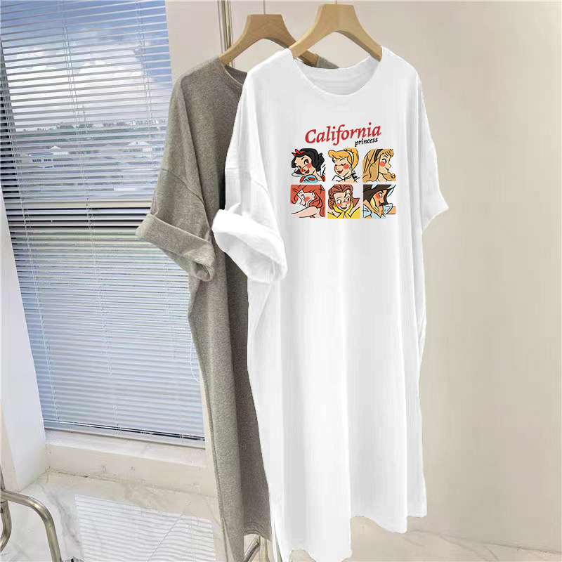 Mid-Length Over-The-Knee Pure Cotton White Short-Sleeved Dress for Women, New Summer Style, Loose Retro Cartoon Slit T-Shirt Dress Mid-Length Over-The-Knee Pure Cotton White Short-Sleeved Dress for Women, New Summer Style, Loose Retro Cartoon Slit T-Shirt Dress