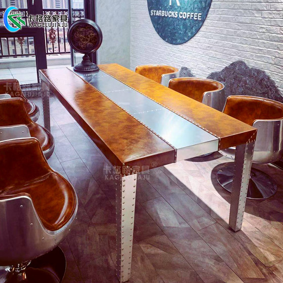 산업 스타일 회의 테이블 긴 테이블 사무실 테이블과 의자 조합 알루미늄 가죽 창조적 인 금속 테이블 협상 티 테이블 직사각형