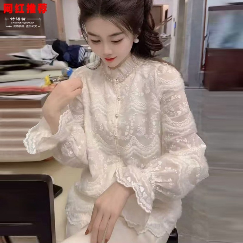 Новый китайский стиль, национальный стиль, женский темперамент, тяжелая промышленность, вязаная полая кружевная рубашка, женская осенне-зимняя нижняя рубашка, шикарный топ