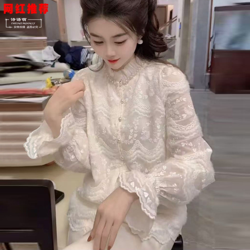 New Chinese-Style Elegant Socialite Temperament Heavy Crochet Hollow Lace Blouse Women's Autumn and Winter Base Shirt Unique Top