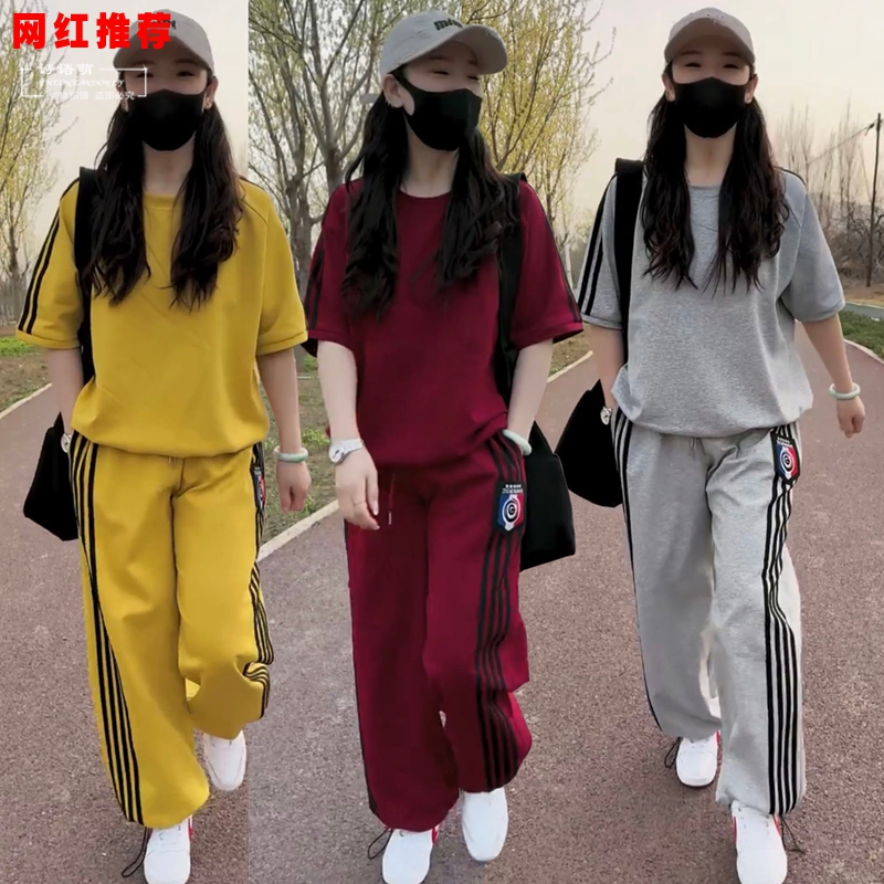Internet Celebrity Casual Sports Suit for Women, Spring and Summer New Korean Style Loose Round Neck Short-Sleeved Sweatshirt and Wide-Leg Pants Two-Piece Set