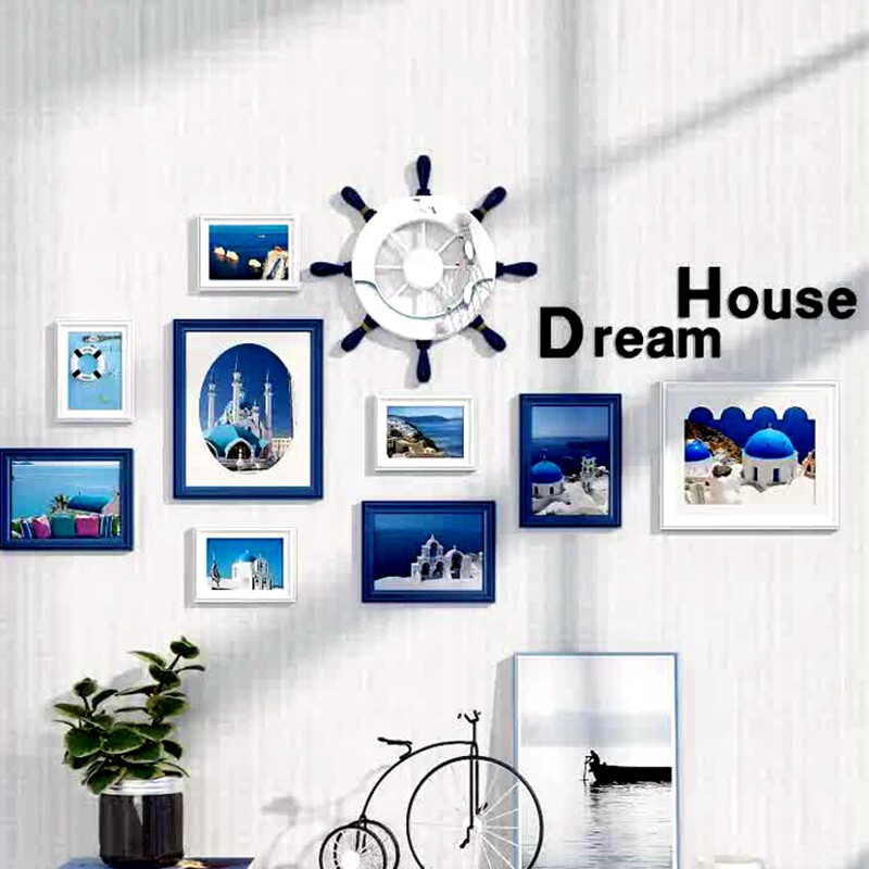 Children's room Bedroom creative combination photo wall Mediterranean solid wood photo frame Dining room decoration photo wall free hole