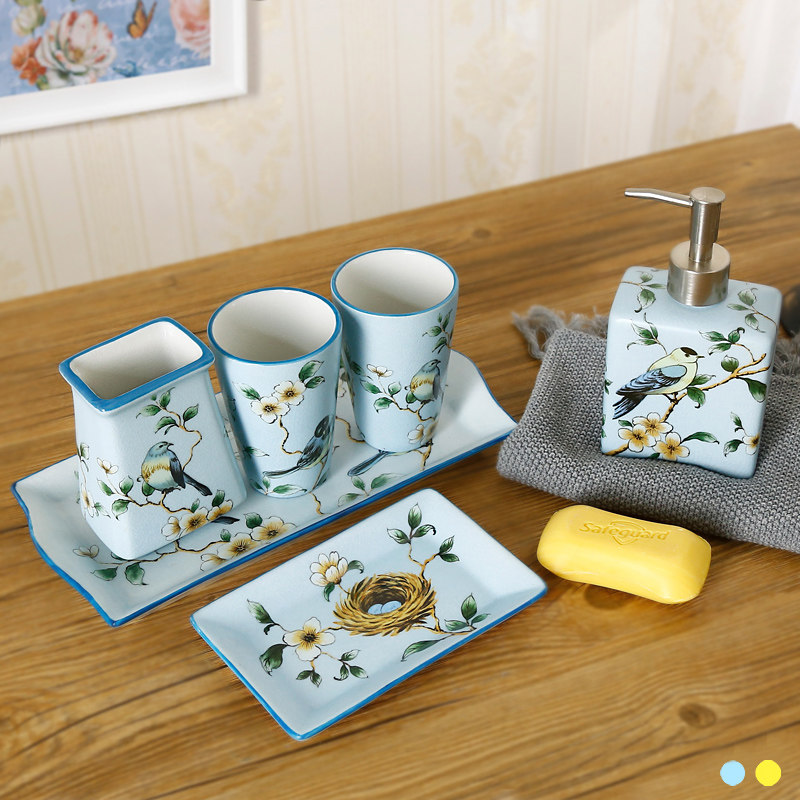 Chinese ceramic bathroom gargling cup washing suit American toothbrushing cup tooth cylinder tooth with five pieces of toilet kit-Taobao