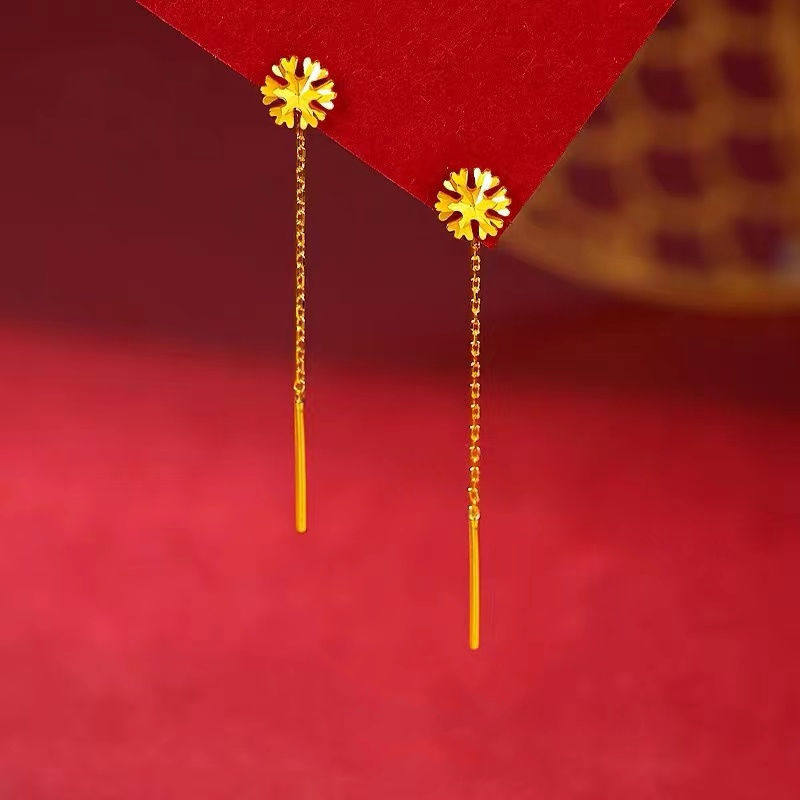 Hong Kong real gold 999 earrings female snowflake gold earrings long version temperament tassel earrings earrings for lovers
