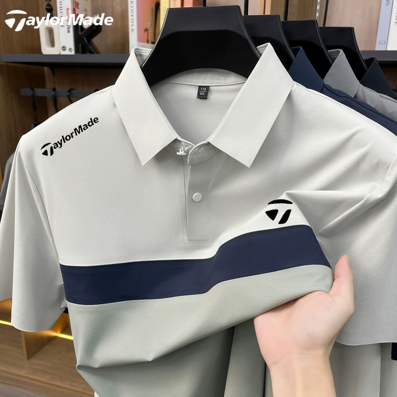 Taylormade Summer Golf Men's Short-Sleeved Lapel Polo Shirt Stripesd Patchwork Cool T-Shirt