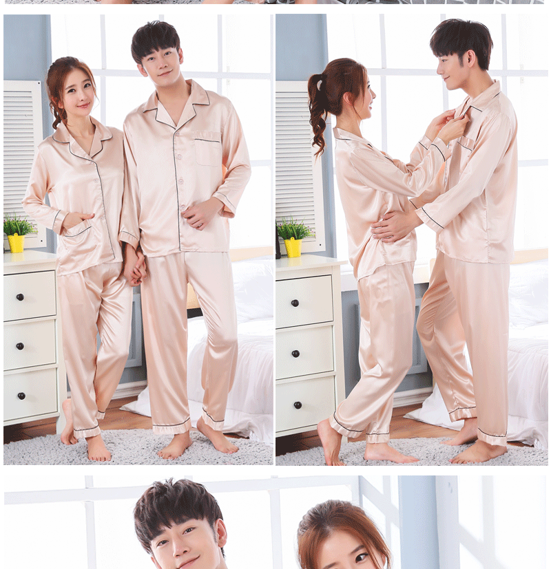 Cặp đôi đồ ngủ nữ băng lụa mùa xuân và mùa thu áo len dài tay nam size lớn phiên bản Hàn Quốc của set đồ lụa mỏng tại nhà mùa hè màu rắn đồ bộ cao cấp