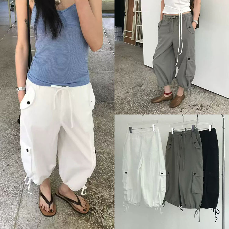Korean Pado Lyocell Seven-Point Cargo Lantern Pants for Women, High-Waisted, Drawstring, Loose-Fitting, Slimming Seven-Point Pants Korean Pado Lyocell Seven-Point Cargo Lantern Pants for Women, High-Waisted, Drawstring, Loose-Fitting, Slimming Seven-Point Pants