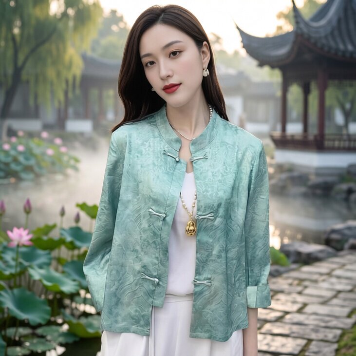 New Chinese-Style Jacquard Nine-Quarter Sleeve Jacket for Women, 2025 Spring and Autumn New Retro Elegant Casual National Style Cardigan Top