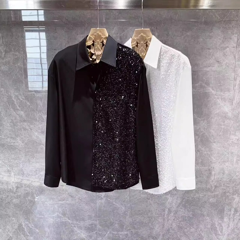 2025 Spring and Autumn Men's Casual Long Sleeve Shirt Trendy Sequin Patchwork Loose Shiny Shirt Men's Top Men's Clothing