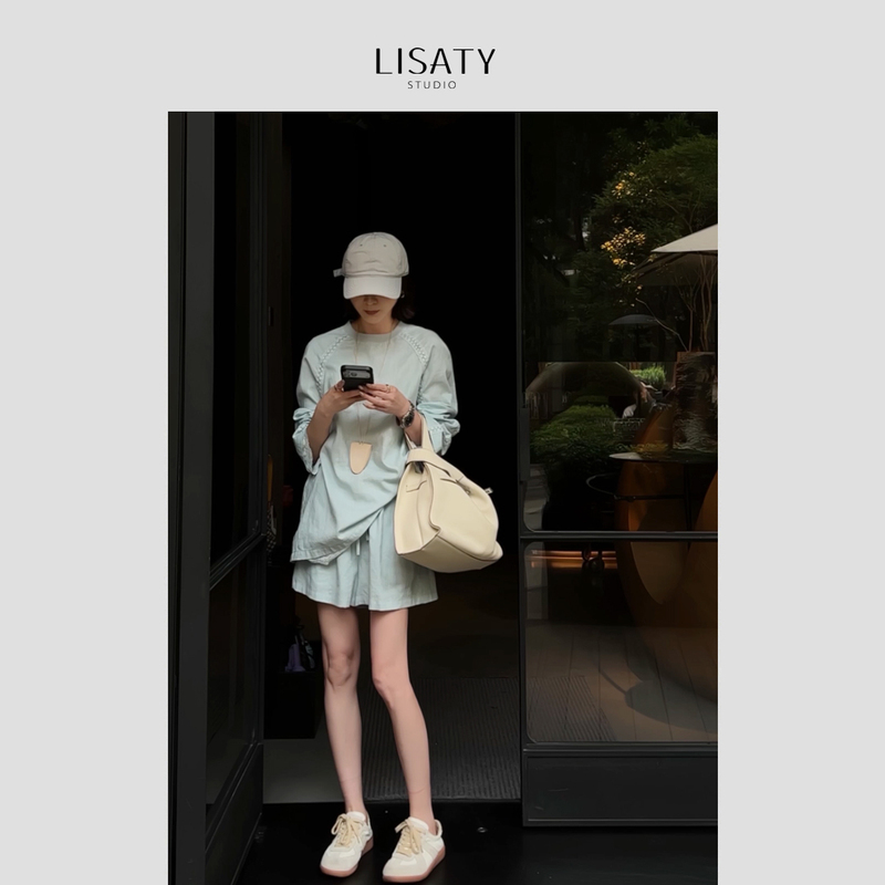 Lisaty Linen Series 100% Linen Sand Washed Lace Patchwork Long Sleeve Round Neck Top + Shorts Set