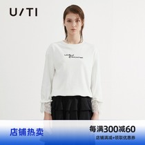 uti yuti 2021 New Street Joker wind round neck letter top tide lace stitching design long sleeve T-shirt women