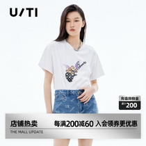 uti Fashion Summer New Leisure Pure Cotton White Top in printed round-collar T-shirt