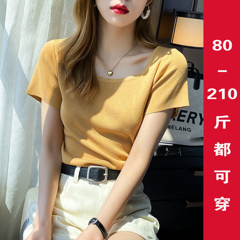 Plus Size French Square Collar Short-Sleeved T-Shirt for Women with Right Shoulder Summer Loose Ice Silk Exposed Collarbone Pure Desire Knitted Top for Fat mm