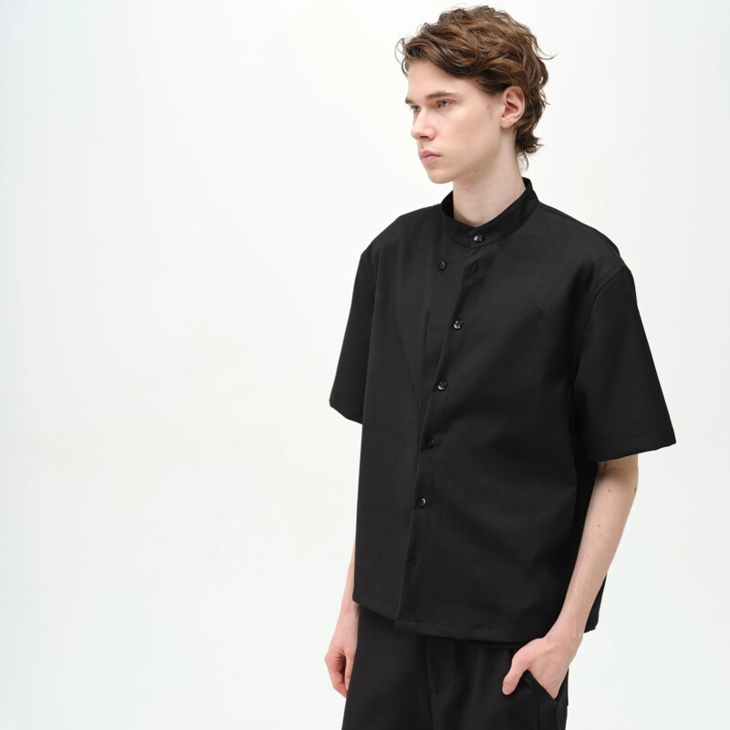 「Kiov.S」New Chinese-Style Stand-Up Collar, Double Placket with Various Shapes, Irregular Buttons, Regular Shoulder Shirt, Short Sleeves