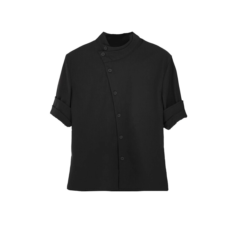 「Kiov.S」Double-Layer Staggered Stand Collar, Linen Blend, Diagonal Placket Shirt with Hand-Rolled Short Sleeves