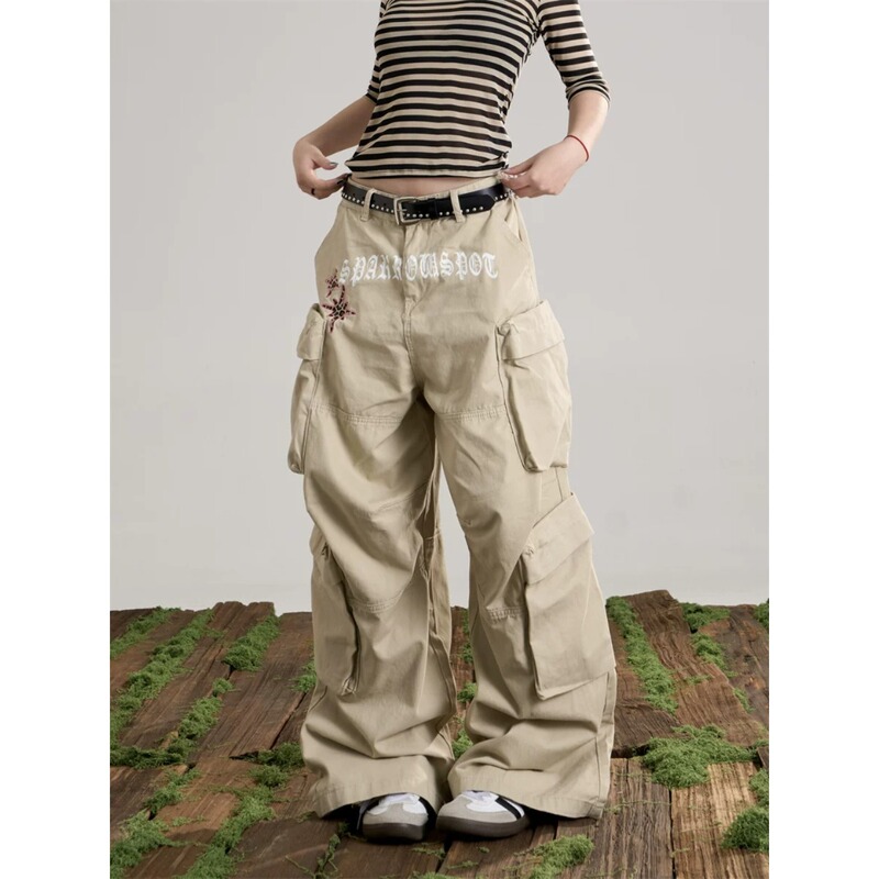 Don Cry Star Letter Print Wide-Leg Cargo Pants Unisex American Style Multi-Pocket Design Loose Casual Long Pants