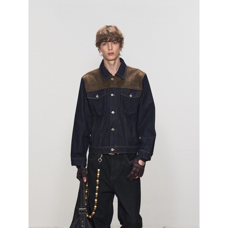 Manuscript Barn Style Denim Jacket Suede Patchwork Topstitching Raw Denim Jacket Regular Shoulder Jacket