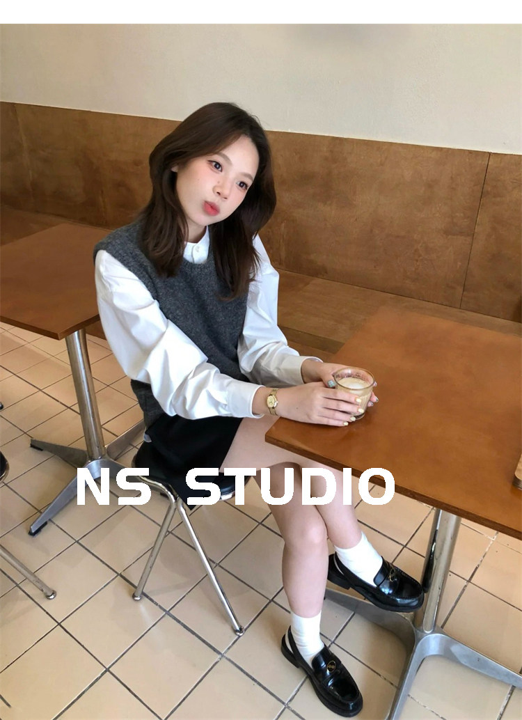 민소매 맨위 회색 조끼 베스트 어깨 스택 착용 느긋한 바람 니트 스웨터 풀오버 스웨터 여자 가을 상세 이미지 5