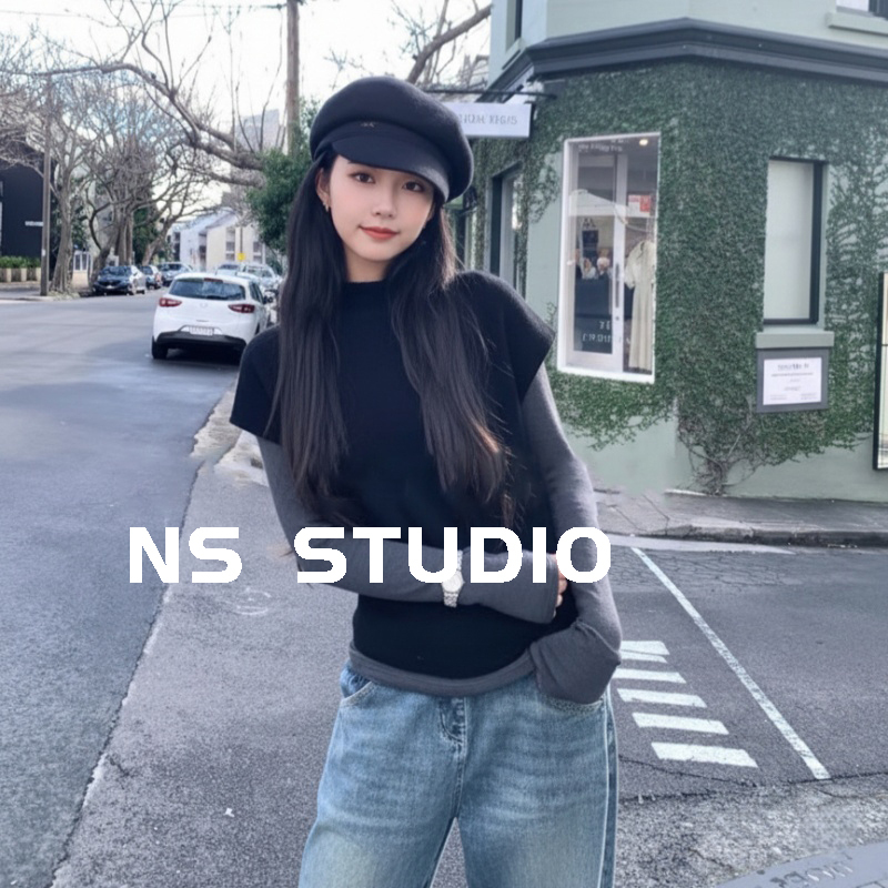 Half-Turtleneck Pullover Sweater Vest for Women, Autumn Outerwear, Layered, Loose, Lazy Style, Small Flutter Sleeve Knitted Vest Top