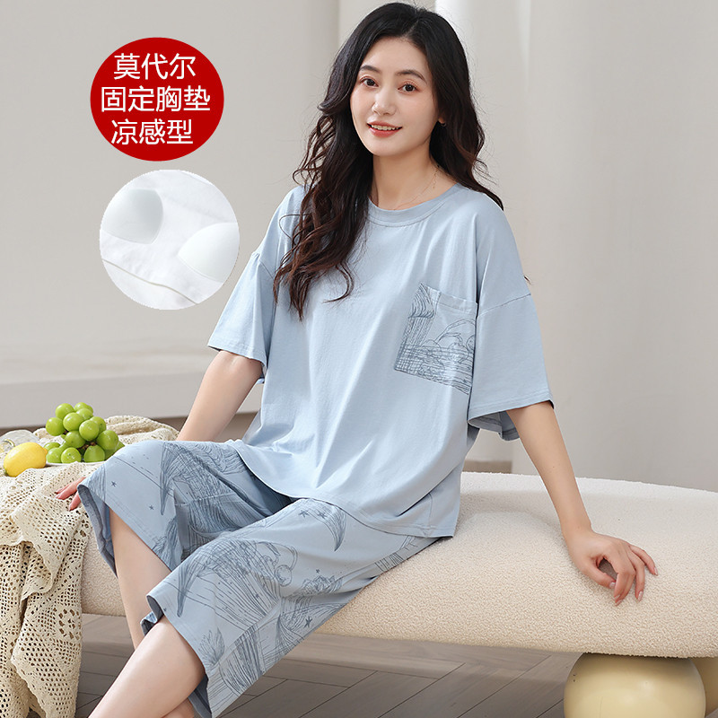 Modal Half-Sleeve Capri Pajamas for Women, Summer, Plus Size, Extra Large Size 100kg with Chest Pads, Loungewear Set 6XL Modal Half-Sleeve Capri Pajamas for Women, Summer, Plus Size, Extra Large Size 100kg with Chest Pads, Loungewear Set 6XL
