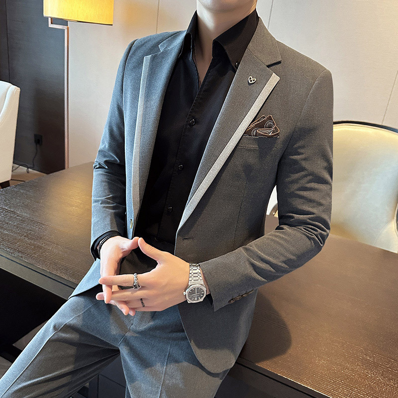 High-End Suit Men's Suit Adult Formal Wear Wedding Gray Groom Casual Suit Men's Summer Korean Style Slim Fit