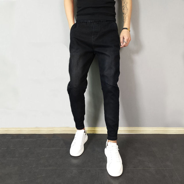 Spring and Autumn Black Stretch Jeans Men's Korean Style Trendy Slim Fit Harem Pants Social Spiritual Guy Pants