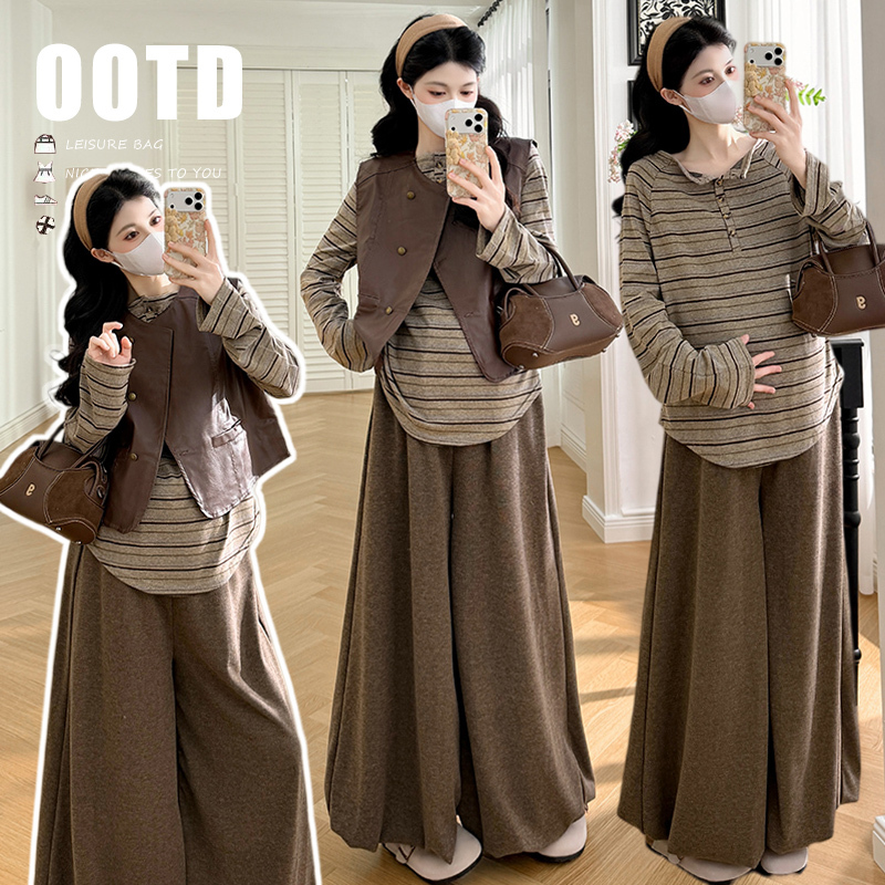 Maternity Wear Spring Outfit 2026 New High-End Pu Leather Vest Striped Top High-Waisted Lantern Pants Spring and Autumn Maternity Wear Spring Outfit 2026 New High-End Pu Leather Vest Striped Top High-Waisted Lantern Pants Spring and Autumn