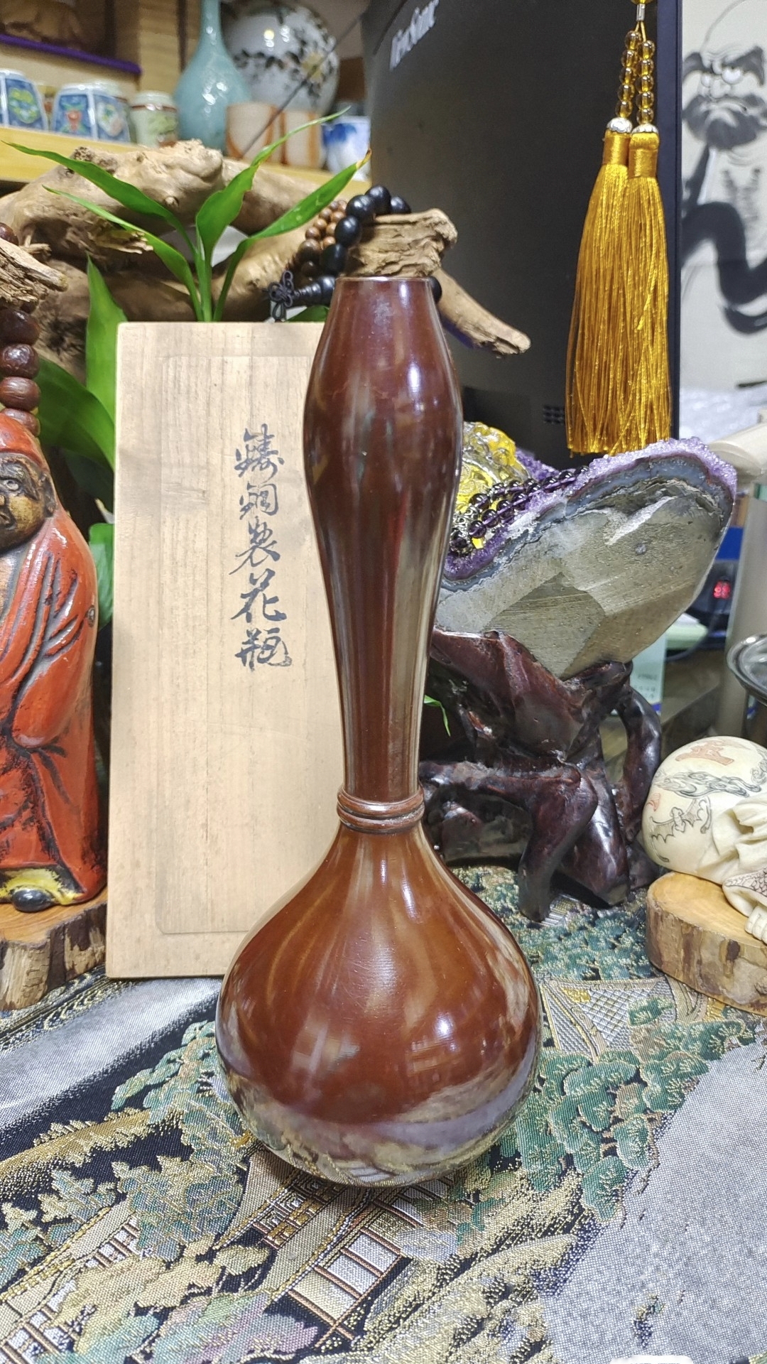 日本鋳銅製鶴首花瓶花生花器花入铜器花器摆件