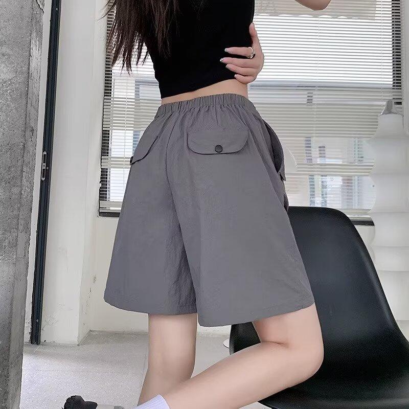 Gray Work Shorts for Women, Summer Thin High-Waisted Casual Wide-Leg Five-Point Shorts, Petite Quick-Dry American-Style Sports Shorts