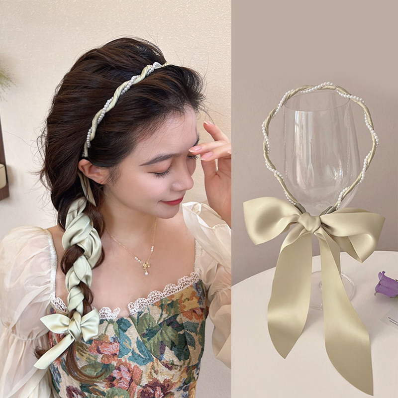 Super fairy-like ribbon braided hair accessory, exquisite pearl headband for women, 2024 new spring and summer trendy thin-edged headband hair clip