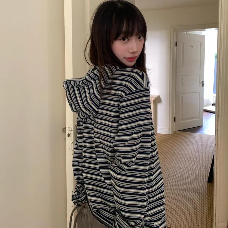 Correct Version】 Lazy Striped Hooded Pullover Sweatshirt, Japanese Style, Loose Casual Top, Versatile for Spring and Autumn