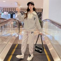 Girls suit autumn 2022 new gas fashionable sport spring and autumn big childrens striped suit two pieces