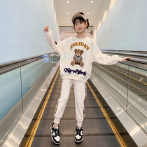 Girls Autumn Clothing 2022 New Ocean Childrens Spring and Autumn Net Red Bear Sweater Movement two sets