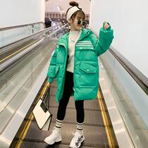 Girls cotton clothing medium long winter dress 2021 new child feather cotton clothes big baby Yang Gas Network red and thickened cotton tide