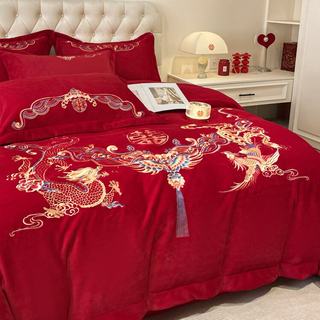 婚庆大红色加厚牛奶绒四件套龙凤双喜珊瑚绒被套新婚陪嫁床上用品