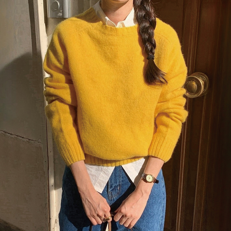 Yellow Soft Sweater for Women, Autumn and Winter Outerwear, Korean Style, Loose, Retro, Preppy Style, Pullover, Inner Layer, Thick Knitwear