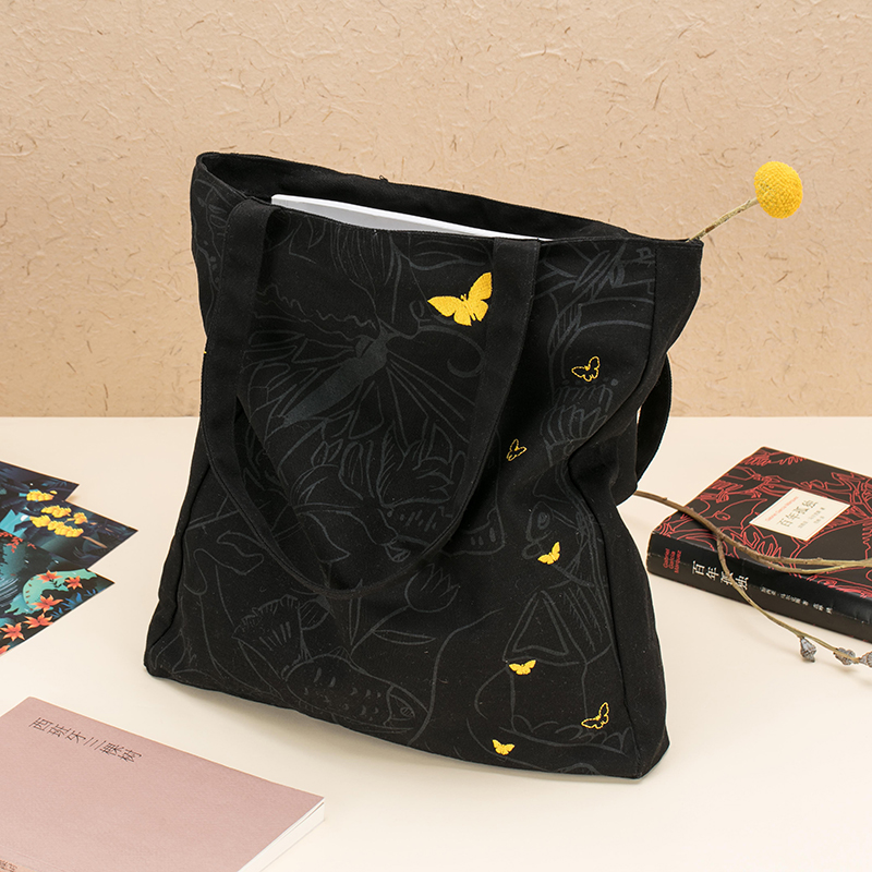 百年の孤独オリジナル刺繍蝶レディースシングルショルダージッパーキャンバスバッグニッチ手持ち絶妙な文学大容量バッグ