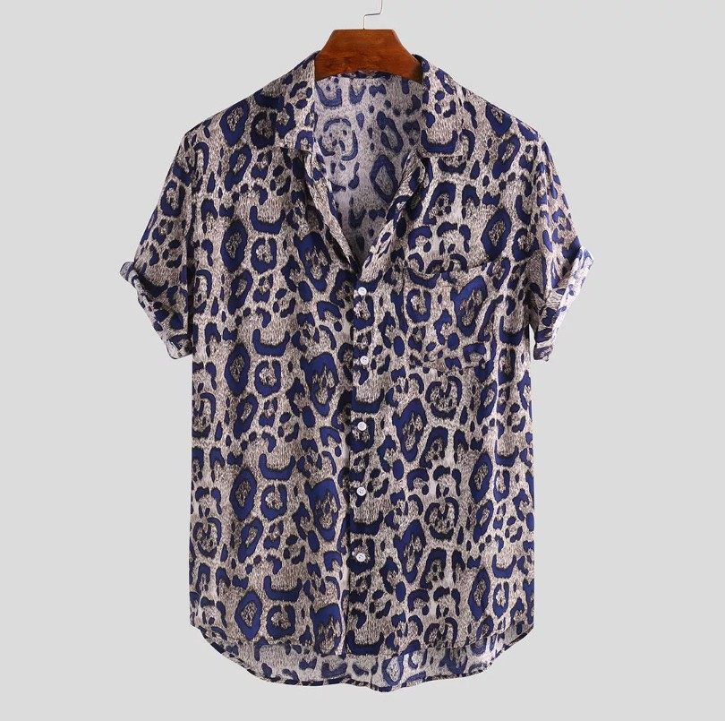 Mens Autumn Leopard Print Lapel Short Sleeve Shirt