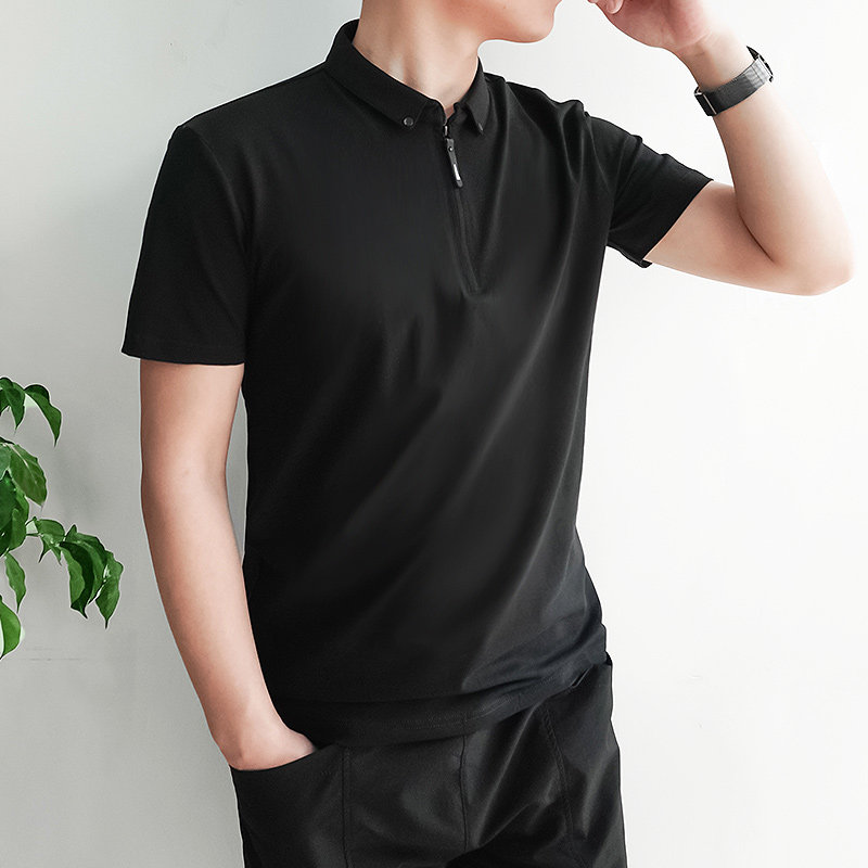 Polo shirt men zipper collar Casual light business versatile stretch summer breathable cotton lapel men's T-shirt top
