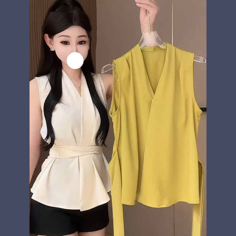 French-Style Sleeveless Satin Shirt for Women, Summer 2025 New Trendy Tie-Waist Slimming and Stunning Top