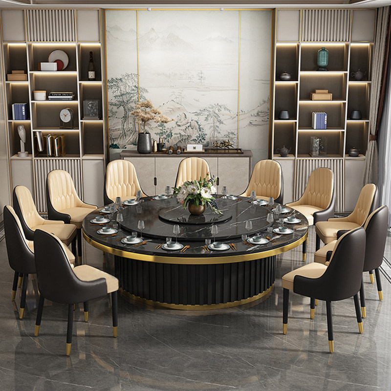 Marble electric dining table big round table hotel solid wood light luxury modern minimalist box restaurant 15 people 20 induction cooker